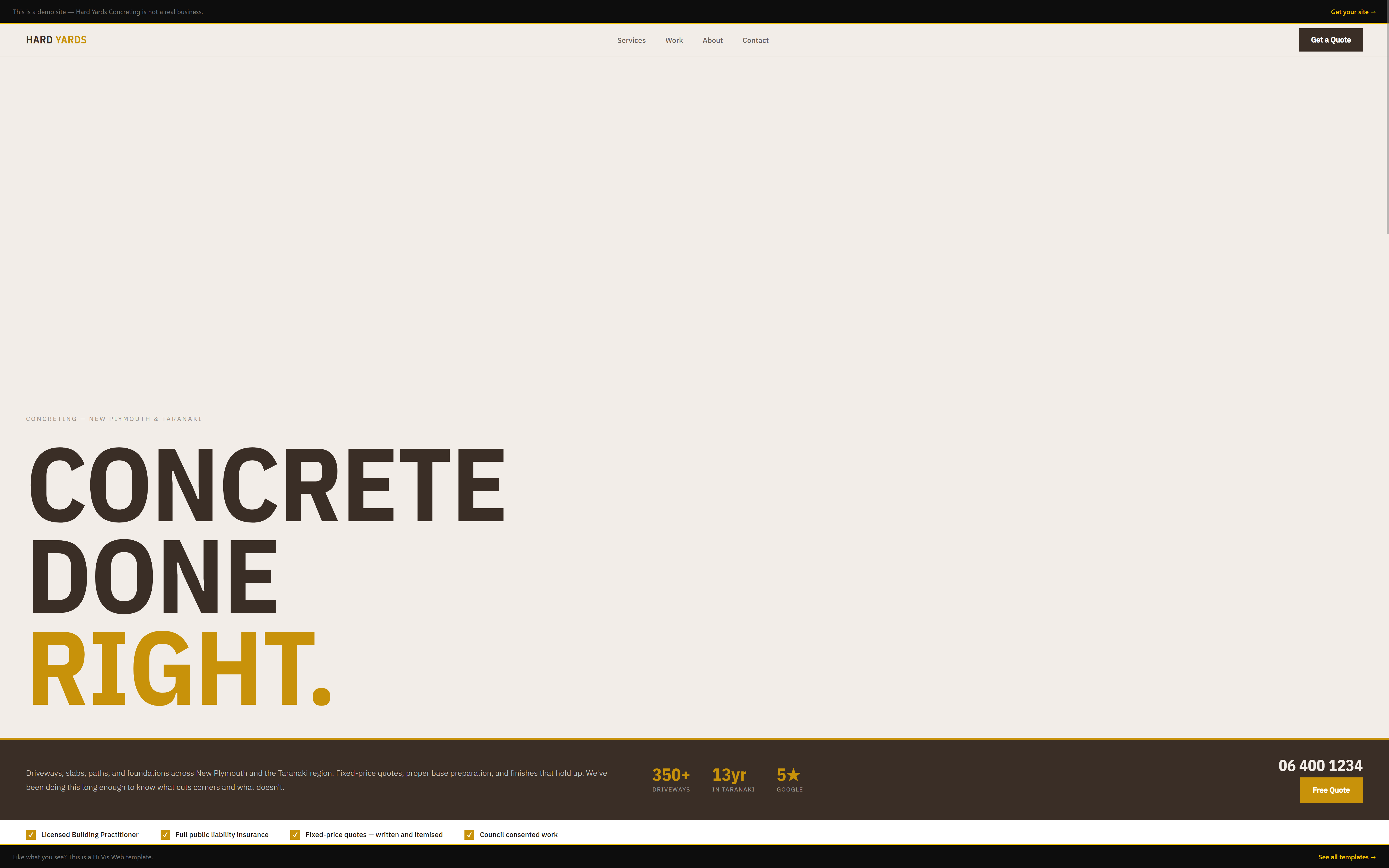Template preview for Hard Yards Concreting website example